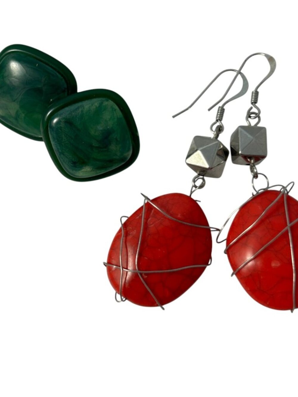 Red Plastic Wire Wrapped Dangle Earrings Silver Tone Geometric Boho Pierced Stud